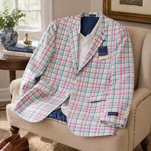 Alan Flusser Blazer Mens 42S Pastel Plaid Cotton Sport Coat NWT Classic Preppy
